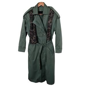 New York Harbor Womens Green Trench Coat Floral Scarf Size 10